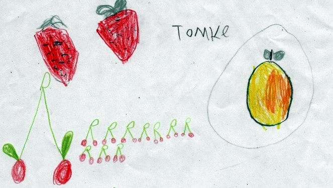 Kinderzeichnung Erdbeeren, Kirschen