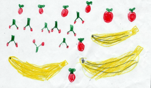 Kinderzeichnung Kirschen und Bananen