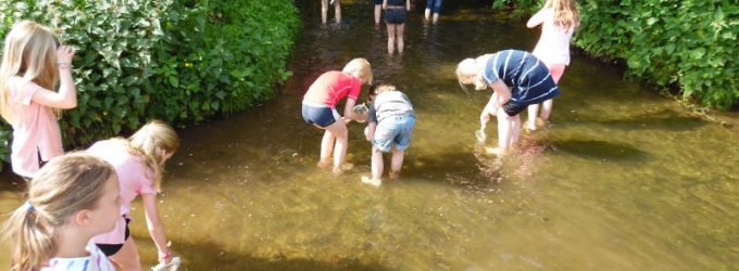 Kinder fischen im Bach