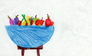 Kinderzeichnung Obst in blauer Schale